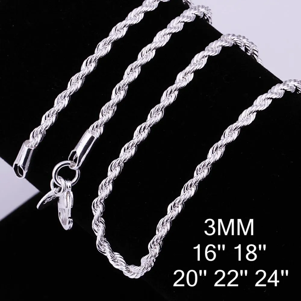 3MM Flash Twisted Rope Chain Necklace Plating 925 Sterling Silver