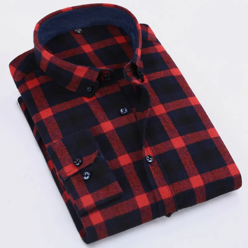 Partihandel-2020 Spring Mäns Casual Slim-Fit Button-Down Kontrollera Mönstrade Skjortor Komfort Mjuk Bomull Långärmad Borstat Flannel Plaid Shirt