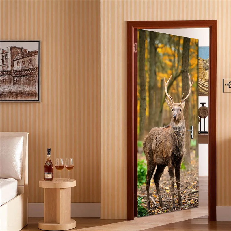 Calcomanías de pared autoadhesivas de ciervos del bosque, póster 3d de imitación, pegatina de pared del dormitorio para sala de estar, pegatinas de puerta de pvc