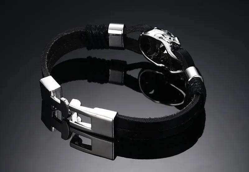 Braccialetti da uomo in pelle resistente nera punk rock Bracciale con polsino con teschio gotico Scheletro in acciaio inossidabile Pulseiras Masculinas