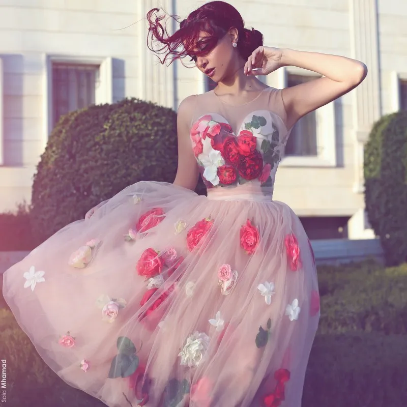 Dernière robe de bal courte dit Mhamad avec simulation à l'intérieur de fleurs 3D bijou cou robe de soirée de mode 2017 belles robes de soirée de longueur de thé