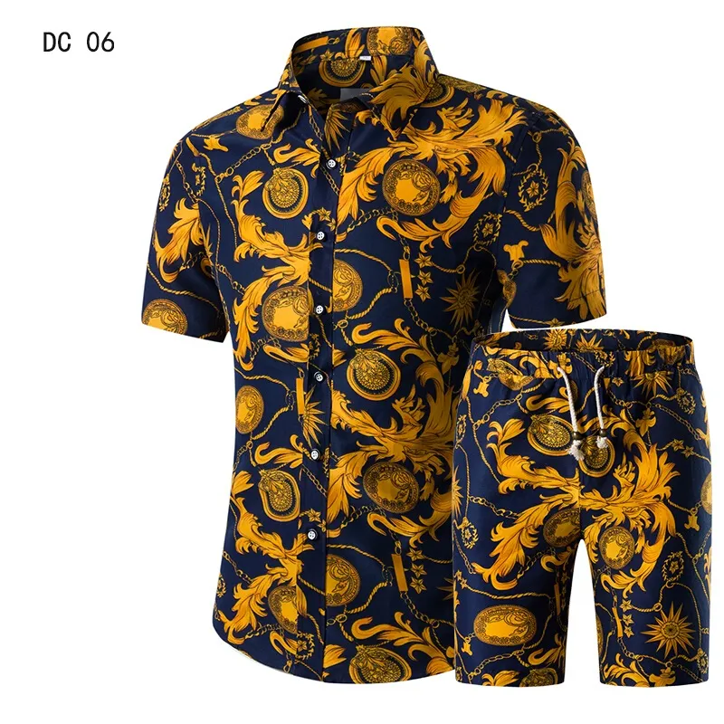 Men Shirts+Shorts Set New Summer Casual Printed Hawaiian Shirt Homme Short Male Printing Dress Suit Sets Plus Size