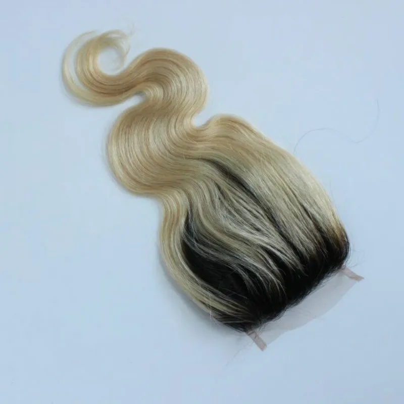 EW Body Wave Virgin Indian Menselijk Haar Ombre Blonde Kantsluiting 4 * 4 met Baby Haar T1B613 Sluitingen Gebleekte Knopen