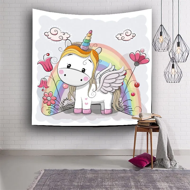 Couverture suspendue pour enfants, dessin animé licorne, tapisserie murale kawaii, image imprimée, décoration murale, tapis textile