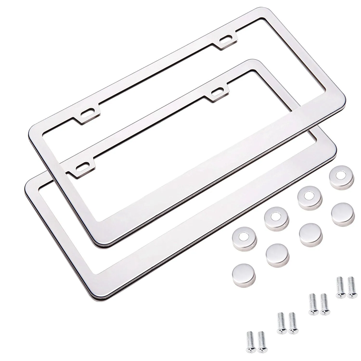 NEW 2xChrome Stainless Steel Metal License Plate Frame Tag Cover With Screw Caps