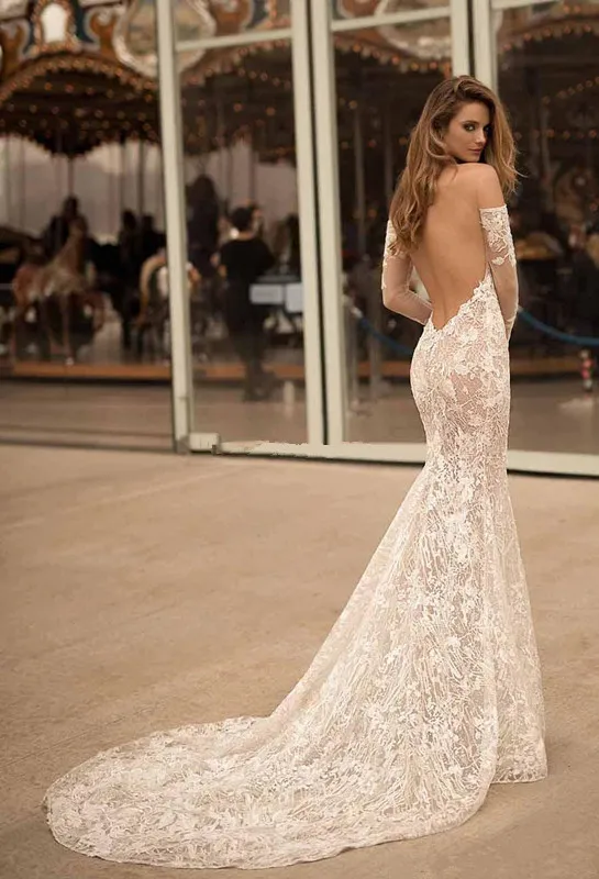 Long Sleeves Off the Shoulder Wedding Dresses Berta Bridal Sweetheart Neckline Elegant Sexy Open low back Lce applique wedding gown