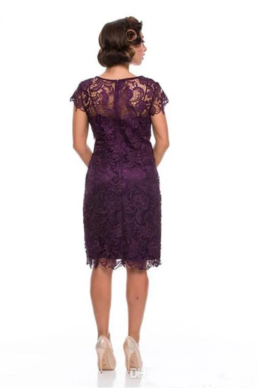 Vintage 2016 Vente Chaude Aubergine Violet Dentelle Longueur Au Genou Mère De La Robes De Mariée Pas Cher À Manches Courtes Mère Robe De Mariée Sur Mesure EN11258