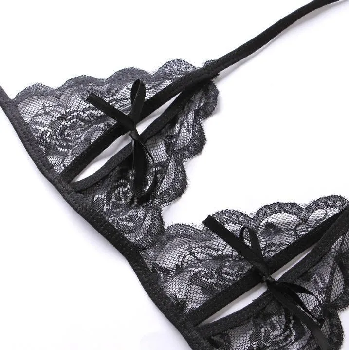 Sexy Lingerie Trasparente Lace Saccolta Sacco Reggiseno femminile + G-string + Reggicalze Regolabile + Calze autoreggenti Sex Toys