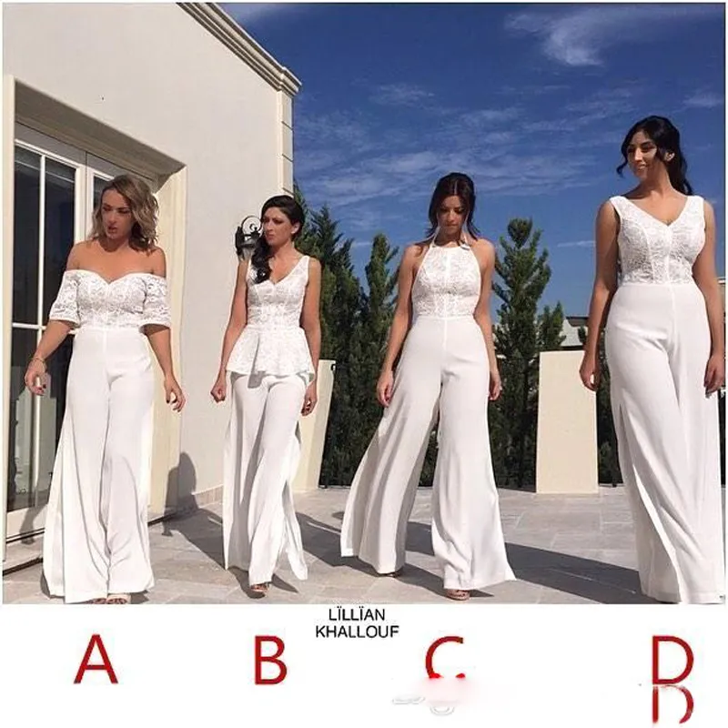 Hot New V Neck Sexy Bridesmaid Dress Pants Suits For Wedding Party Girls Sleeveless Chiffon Lace Top Maid Of Honor Gowns