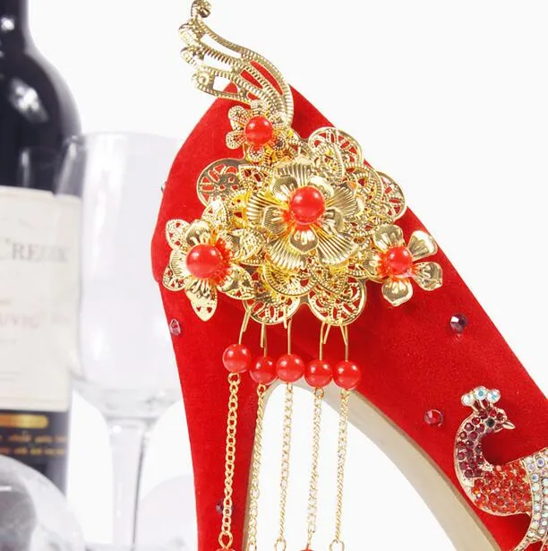 Chaussures de mariage à pompon rouge, chaussures de mariée à talons hauts faites à la main, de Style chinois, en Satin Cheongsam, escarpins de fête pour femmes, pompon220D