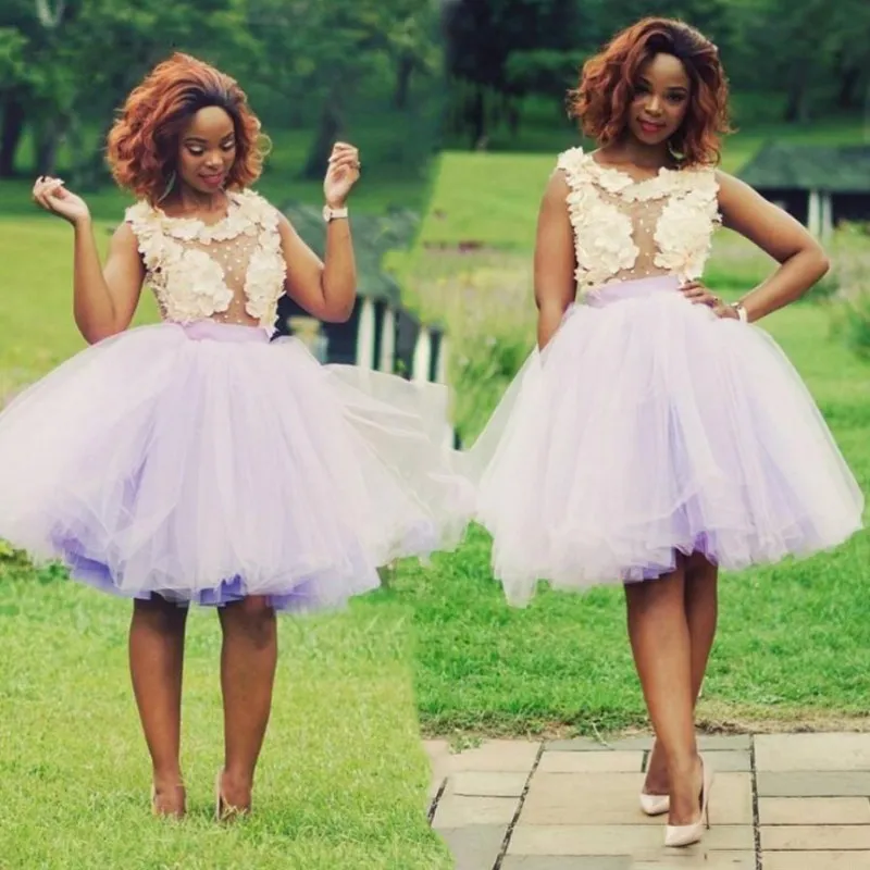 Lavender Short Prom Dresses Ivory Appliques See Through Evening Gowns Knee Length Tutu Skirt Homecoming Dresses Cocktail Party Formal Wear