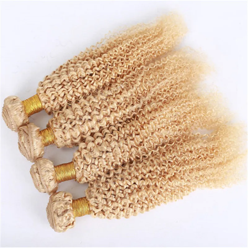 Top Grade Peruvian Blonde Human Hair Kinky Curly Pure #613 Golden Blonde Virgin Remy Human Hair Weave Bundles Curly Double Wefts