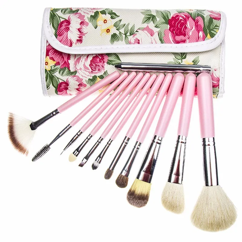 Pinceaux de maquillage à fleurs de rose blanche, ensembles de 12 pièces, fond de teint en poils de chèvre, poudre de contour, pinceau de maquillage polyvalent avec étuis ou porte-gobelet