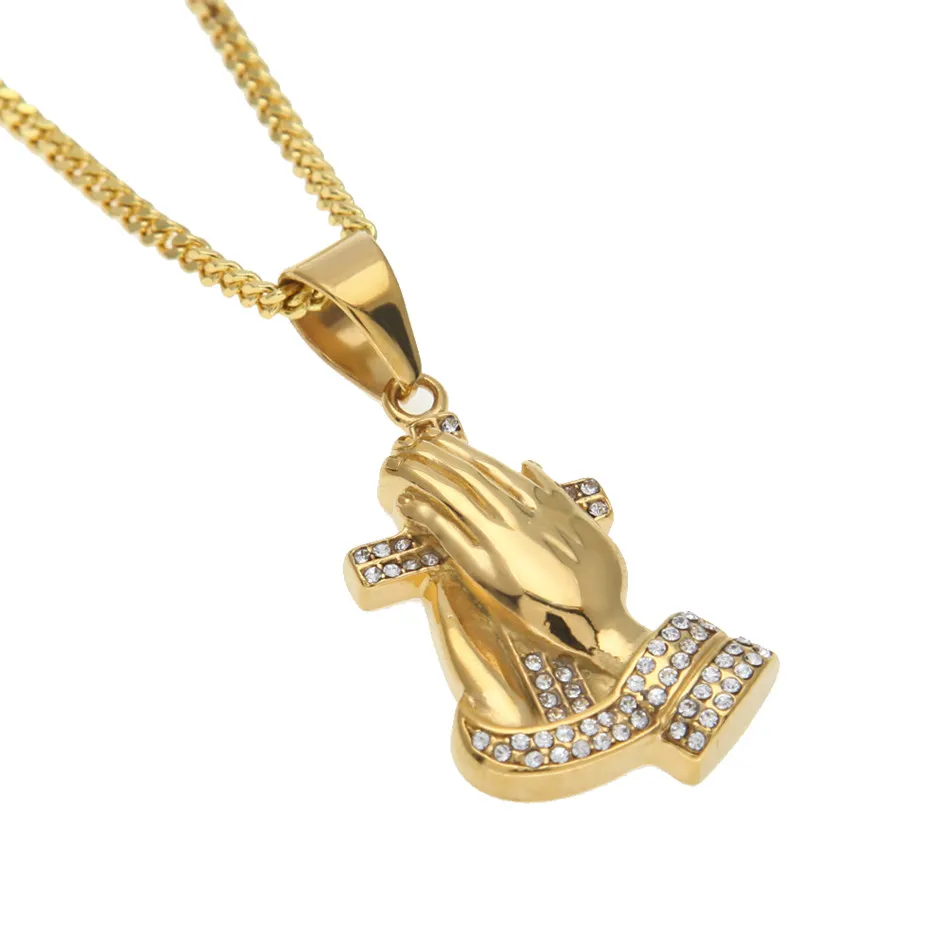 Nowe męskie hip -hop Parying Hands Cross Cross Rhinestone ze stali nierdzewnej złoty kolor Naszyjnik Punt Jewelry205W