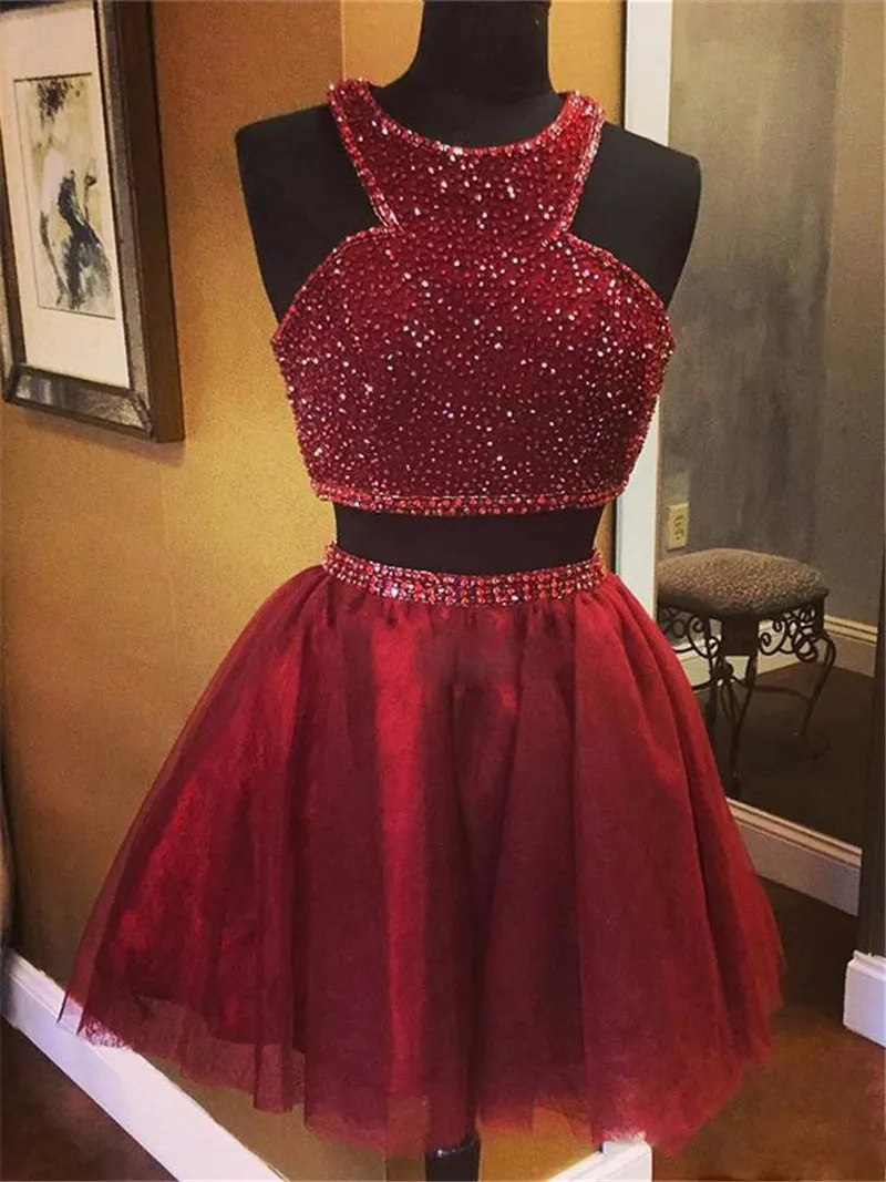 Bling Bling Two Pieces Short Burgundy Homecoming Dresses Sexy Jewel Neck Beaded Sequin Mini Prom Party Gowns Tulle