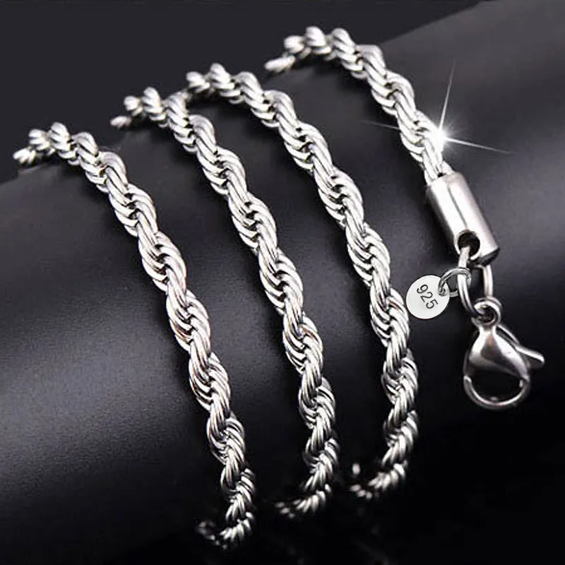 Toppkvalitet 925 Sterling Silver Män Kvinnor Twist Rope Chain Halsband 2mm 16inch / 18inch / 20inch / 22inch / 24inch