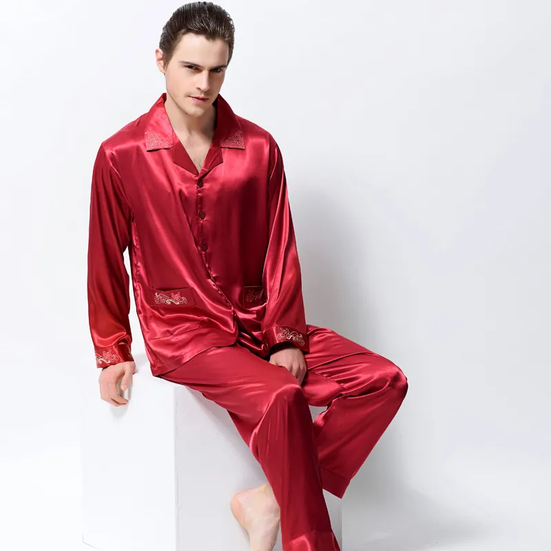 Satynowy jedwab piżamas mężczyzna z długim rękawem haft mężczyźni piżamy zestawy emulacji jedwabiu sleepwear obrócony kołnierz dwuskładnikowy 3315