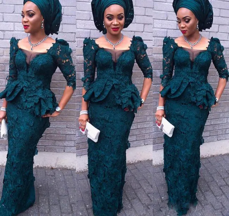 Lyx Aso Ebi Style Modest Full Lace Evening Dresses Mermaid Juliet Square Långärmade Peplum Formella Klänningar Mörkgröna Kvinnor Prom Lökar