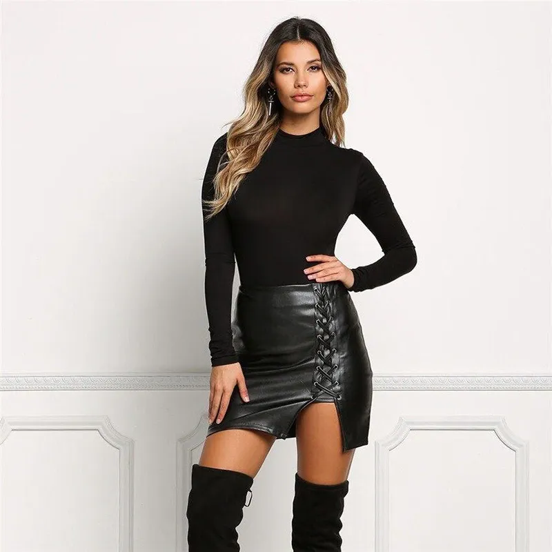 High Waist Faux Leather Mini Skirt: Black Pencil Skirt with Lace-Up Detail  Shop Now!