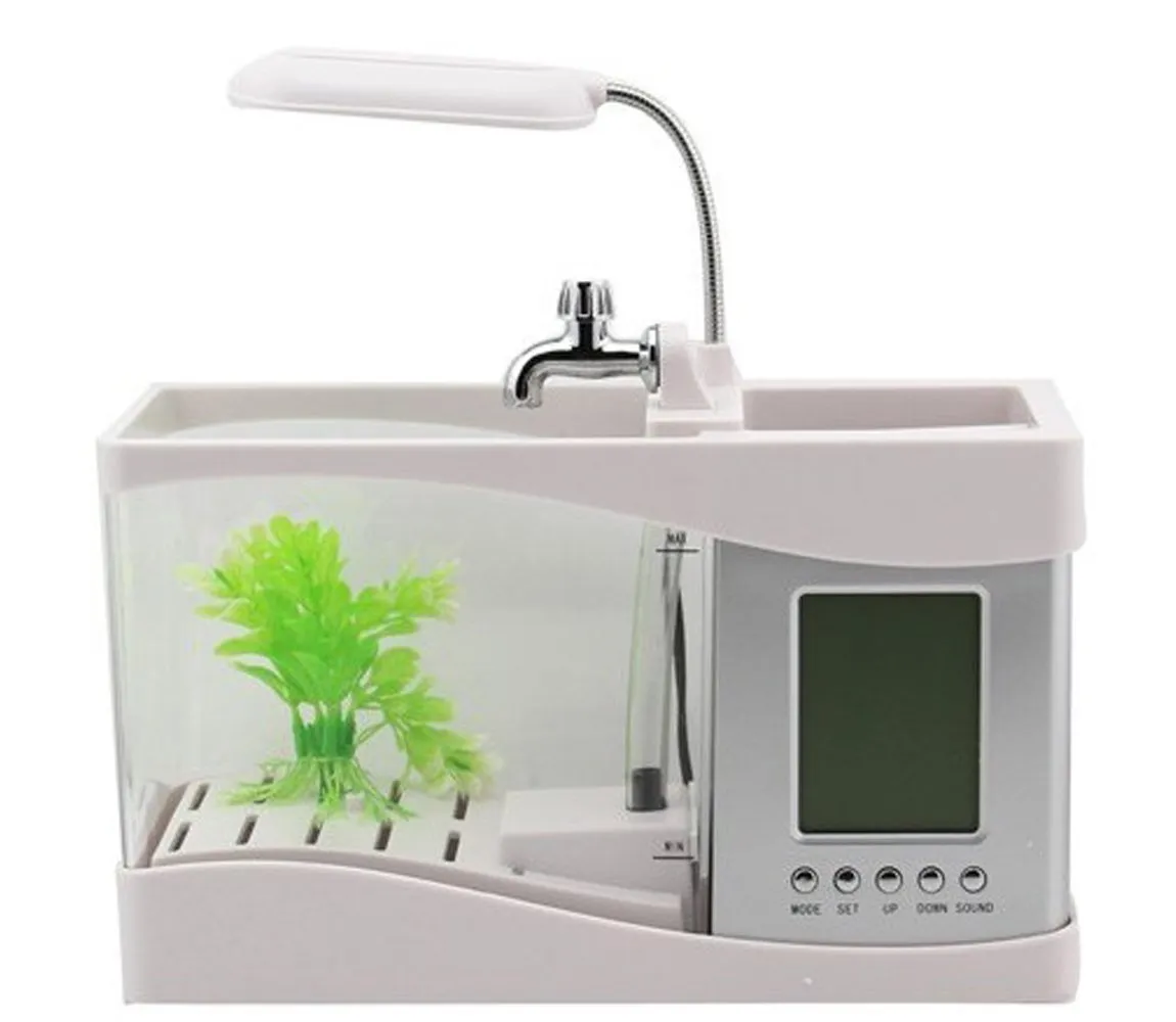 Aquarium Lights Mini USB met LCD-display Desktop Fish Tank LED Klok Tafellamp Wit Zwart