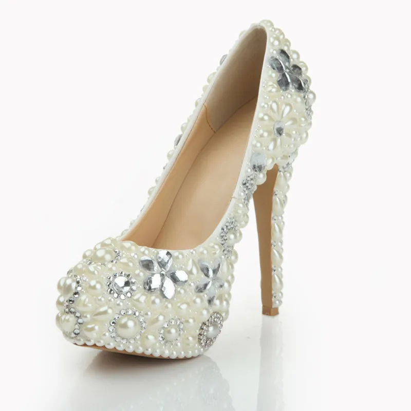 Zapatos de perlas Zapatos de fiesta de bodas nupciales Discoteca Tacón de aguja Perlas de diamantes de imitación Zapatos de tacón alto Zapatos de novia hechos a mano