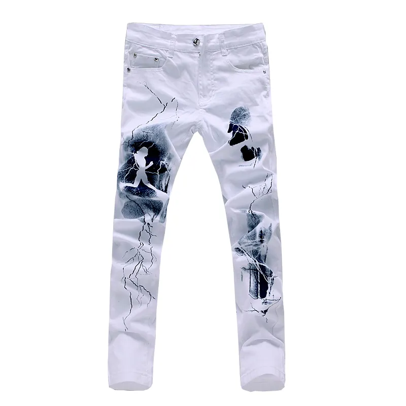 Whole- New arrival fashion printed top quality mens skinny jeans casual white biker denim straight pants size 28-40 JPK35334E