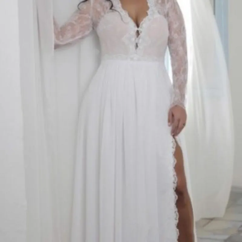 2020 Split Sheath Plunging V Neck Illusion Lace Long Sleeves Bridal Gowns Bohemian Boho Brides Formal Wear Cheap Plus Size Wedding Dresses
