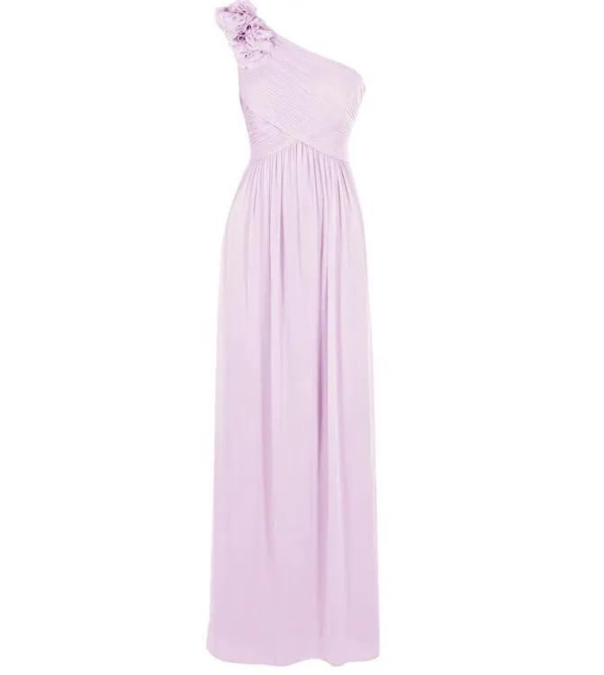 Novo vestido simples uma luz de ombro rosa / lilás damas de honra vestidos longo chiffon chão comprimento formal casamento vestido vestido de honras