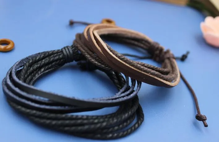 Bracelet de mode bijoux Wrap charme Bracelets en cuir véritable avec corde tressée unisexe tricoté à la main
