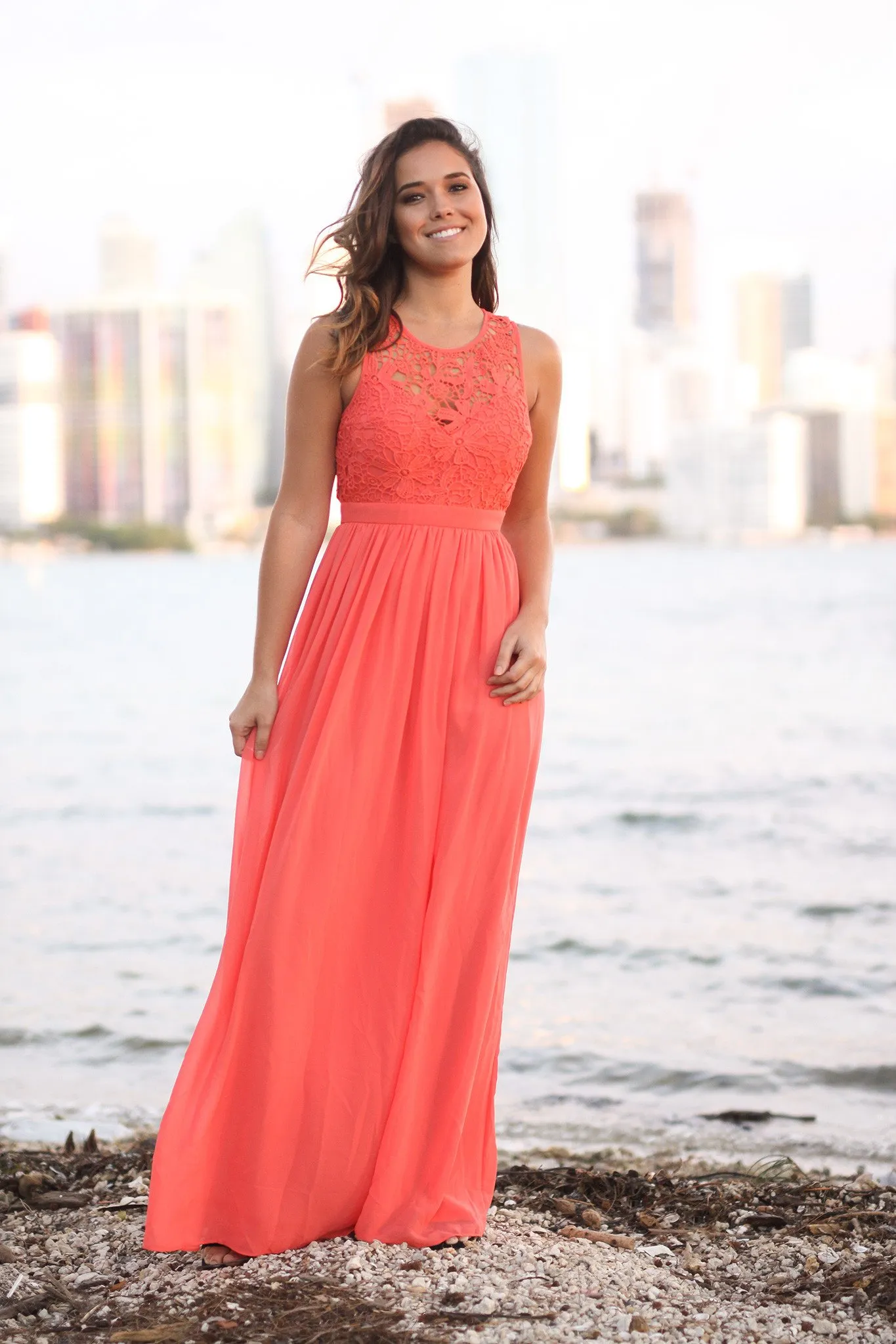 Coral Lace Top Coral Bridesmaid Dresses Long Long Sleeveless Chiffon Skirt For Summer Formal Wedding Party Custom Made Country Style From Totallymodest 52.65 DHgate.Com