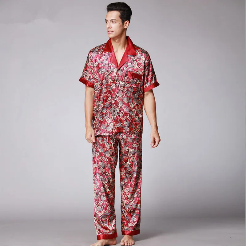 Mens Paisley Silk Pijamas Summer Set manga curta Satin Pijamas Além disso Masculino Tamanho solto Vestir vestido Nightgown