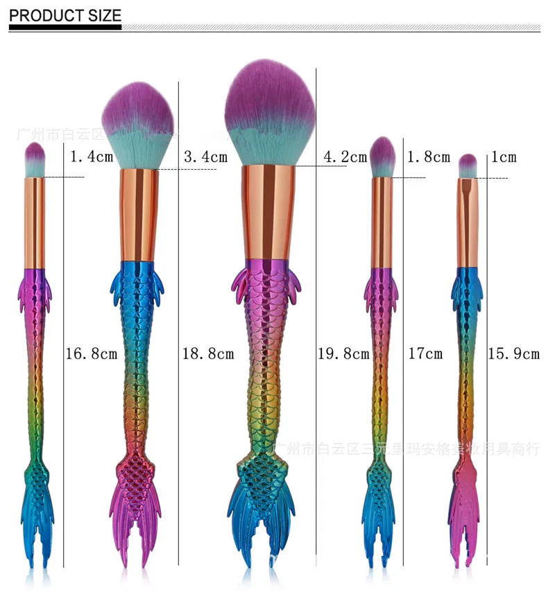 Kit di pennelli trucco a forma di pesce sirena, strumento di bellezza cosmetica, fondotinta, ombretto, cipria, arcobaleno, set di pennelli trucco con borsa