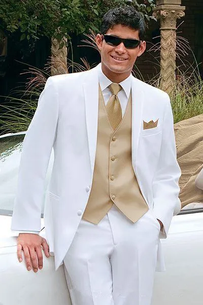 Białe garnitury ślubne dla mężczyzn złota kamizelka Tuxedos niestandardowy grabir