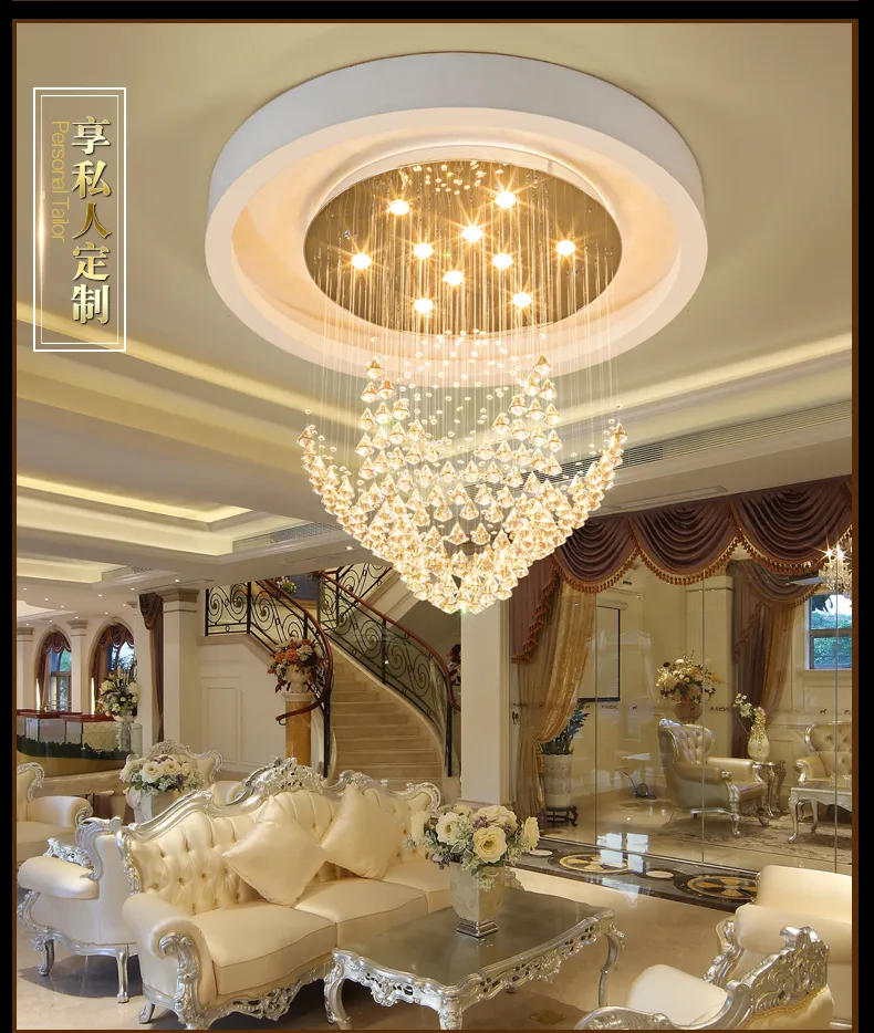 Lámparas de araña de cristal K9 Lámpara LED Lámparas de araña modernas Accesorio Iluminación interior para el hogar Pasillo del hotel Vestíbulo Escalera Luz de gota de cristal larga y redonda