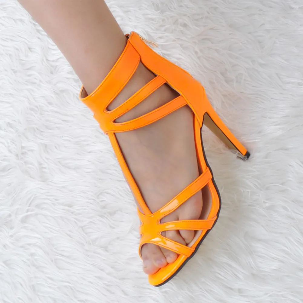 Zandina Vente Entière Femmes Mode À La Main 11 cm T-strap Peep-toe En Cuir Verni Sandales À Talons Hauts Orange XD038