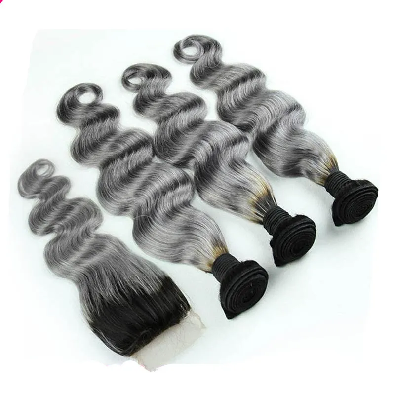 8A Grade Peruvian Grey Hair Weave With Closure Body Wave Two Tone Ombre 1b Silver Gray Ombre Human Hair Bundles And Lace Closures