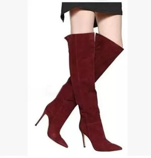 Vente chaude sur le genou botte vin rouge daim bottes à talons hauts femme bout pointu cuissardes bottes en cuir