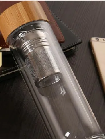 400ml bambu lock Dubbelväggig glas Te Tumbler innehåller silflaska och infusionskorg Vattenflaskor Snabb leverans