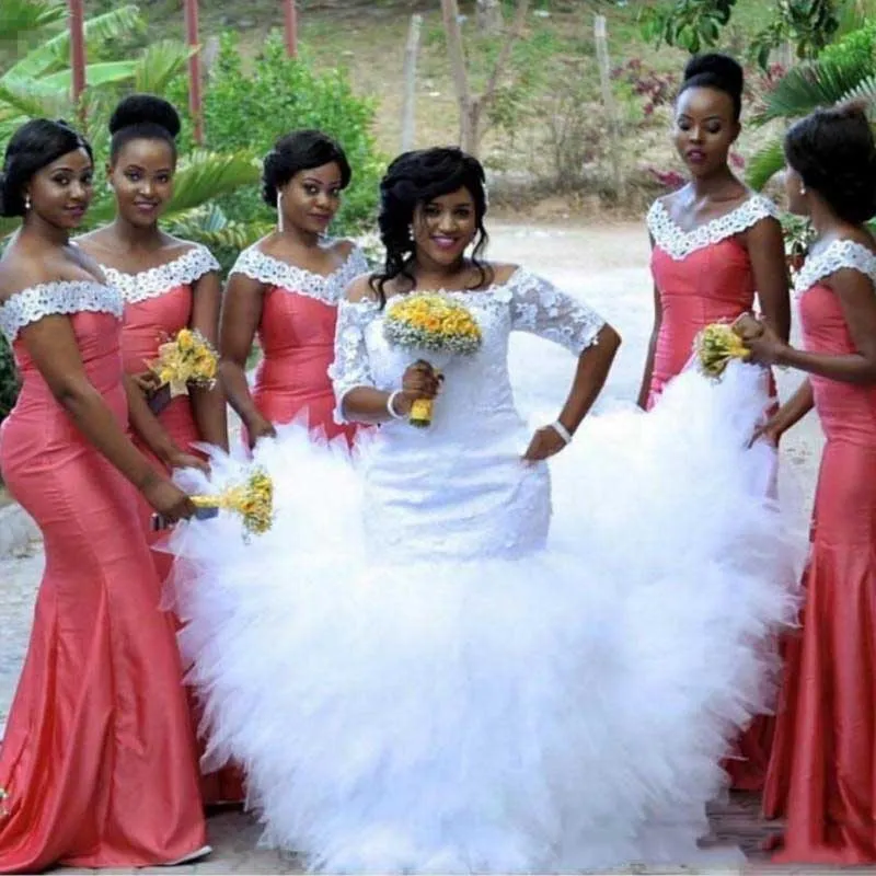 2017 Lace Off Shoulder Water Melon African Bridesmaid Dresses 2021
