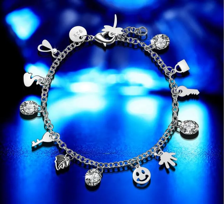 Bracelet à breloques en argent 925 à la mode visage souriant libellule serrure clé feuille de palmier cygne coeur treize étiquette pendentif Bracelet