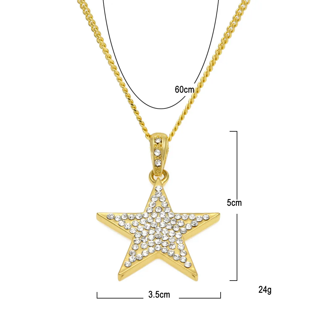 New Bling Bling Gold Star Pendant Necklace Hiphop Long Chains Necklaces for Men Women Punk Jewelry Gifts259a