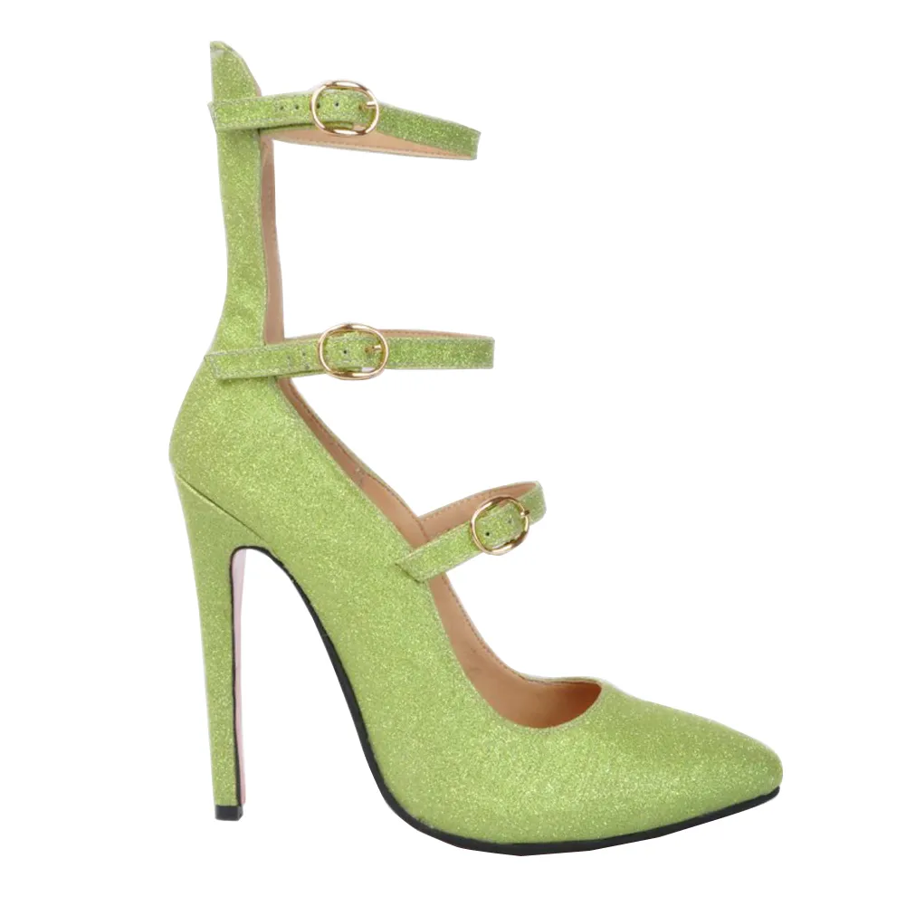 Kolnoo Womens Fashion Tacco alto Pompe Tre fibbie scarpe da sera punta a punta Glitter Estate Scarpe verde XD282
