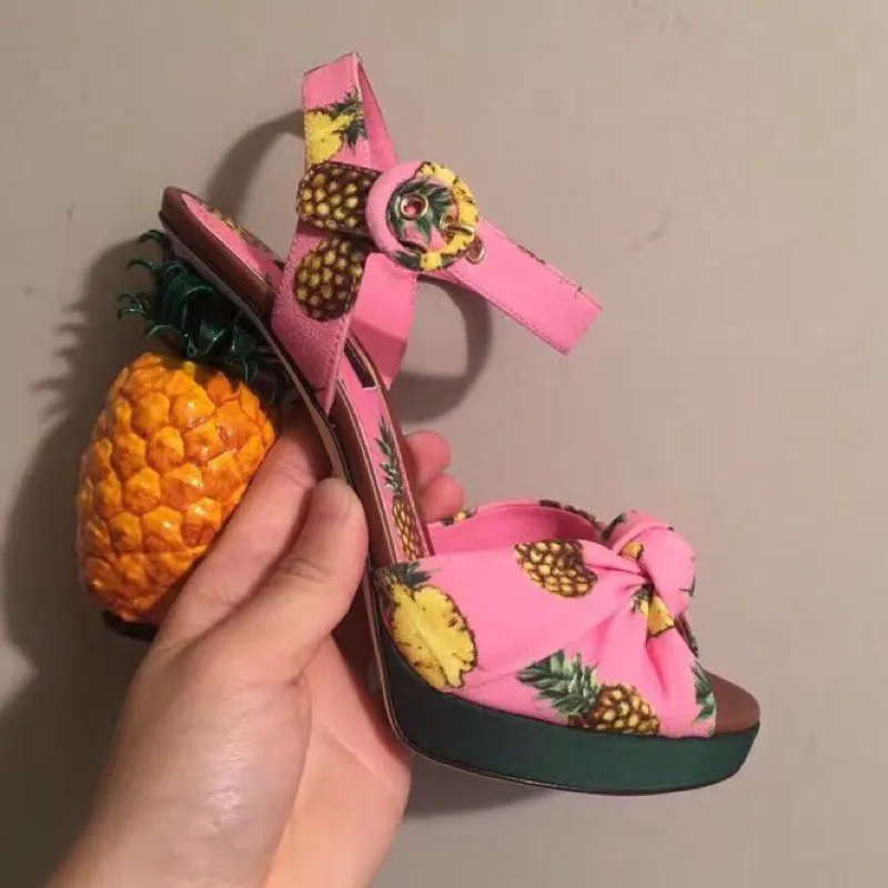 Coloré ananas talons sandales femmes chaussures noeud papillon bout ouvert talons hauts gladiateurs Unique Designer été Sandalias femme