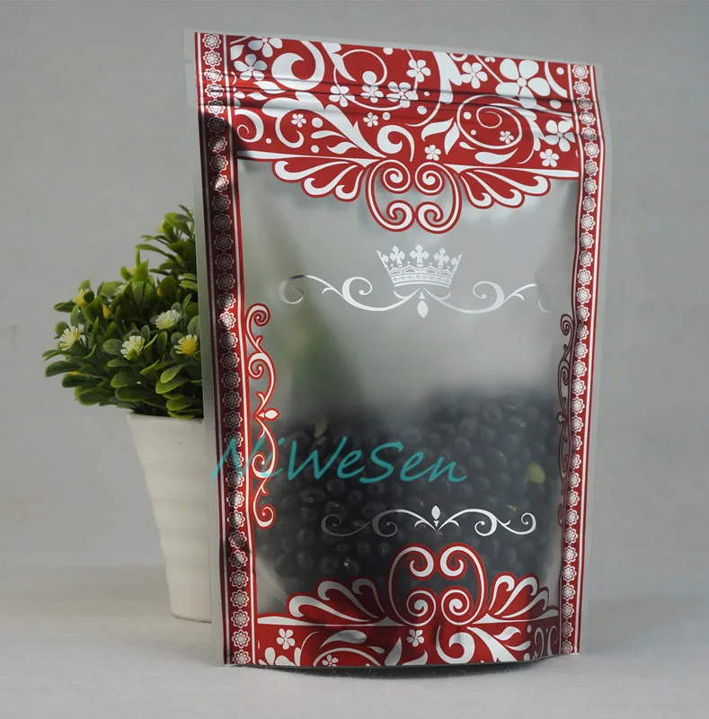 18x26cm, self-standing matte transparent ziplock bag with red flower printing-resealable storage nougat/chocolate plastic pouch