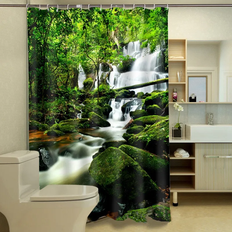 Jungle Running Water Dusch Gardin Personlig Vattentät 3d Dusch Gardin Polyester Digital Pringing Bathroom Curtain 180cm * 180cm