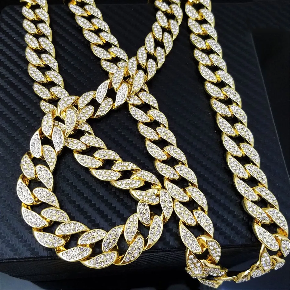 Sprzedaż hurtowa 16 cali 18 cali 20 cali 22 cali 24 cali 26 cali 28 cali 30 cali Iced Out Rhinestone złoto srebro Miami kubański Link Chain mężczyźni Hiphop naszyjnik