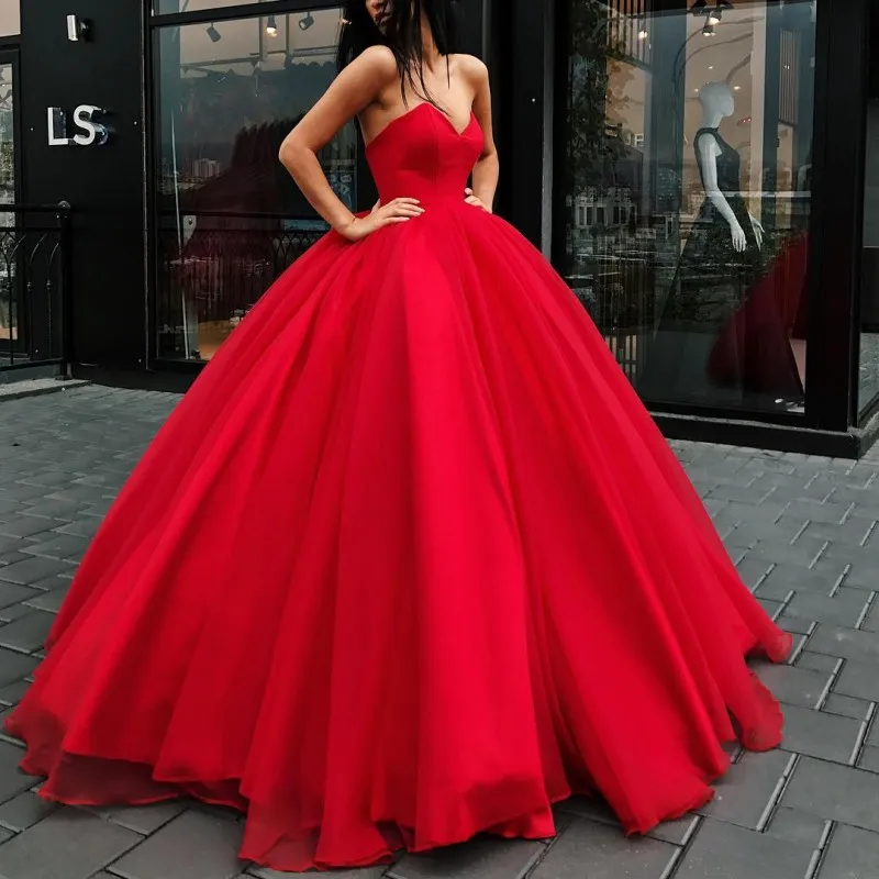 Vermelho Sweetheart Bola vestido de baile vestido longo piso comprimento cetim elegante vestido de noite quente vestidos formal generoso desgaste