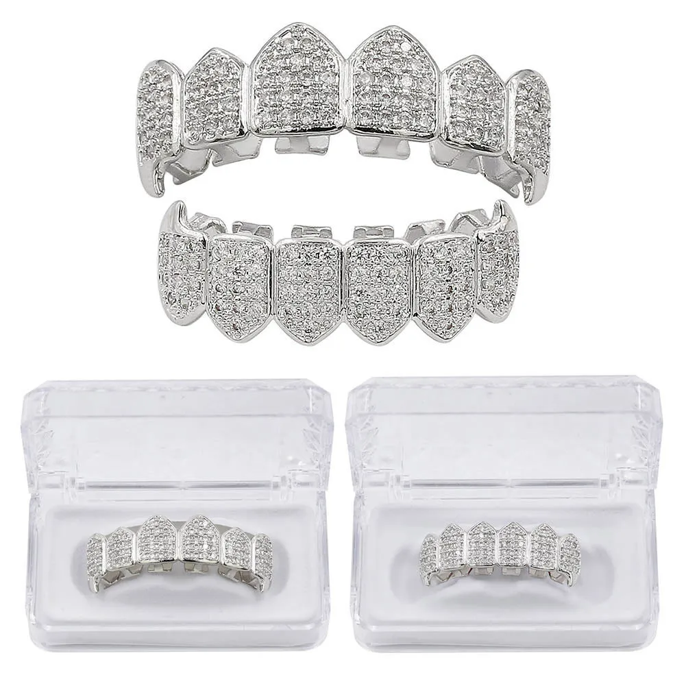 Hip Hop Iced Out CZ Mouth Teeth Grillz Caps Top Bottom Grill Set Men Women Vampire Grills4249379