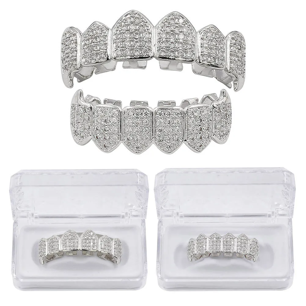 Hip Hop Iced Out CZ Bocca Denti Grillz Caps Top Bottom Grill Set Uomo Donna Vampire Grills