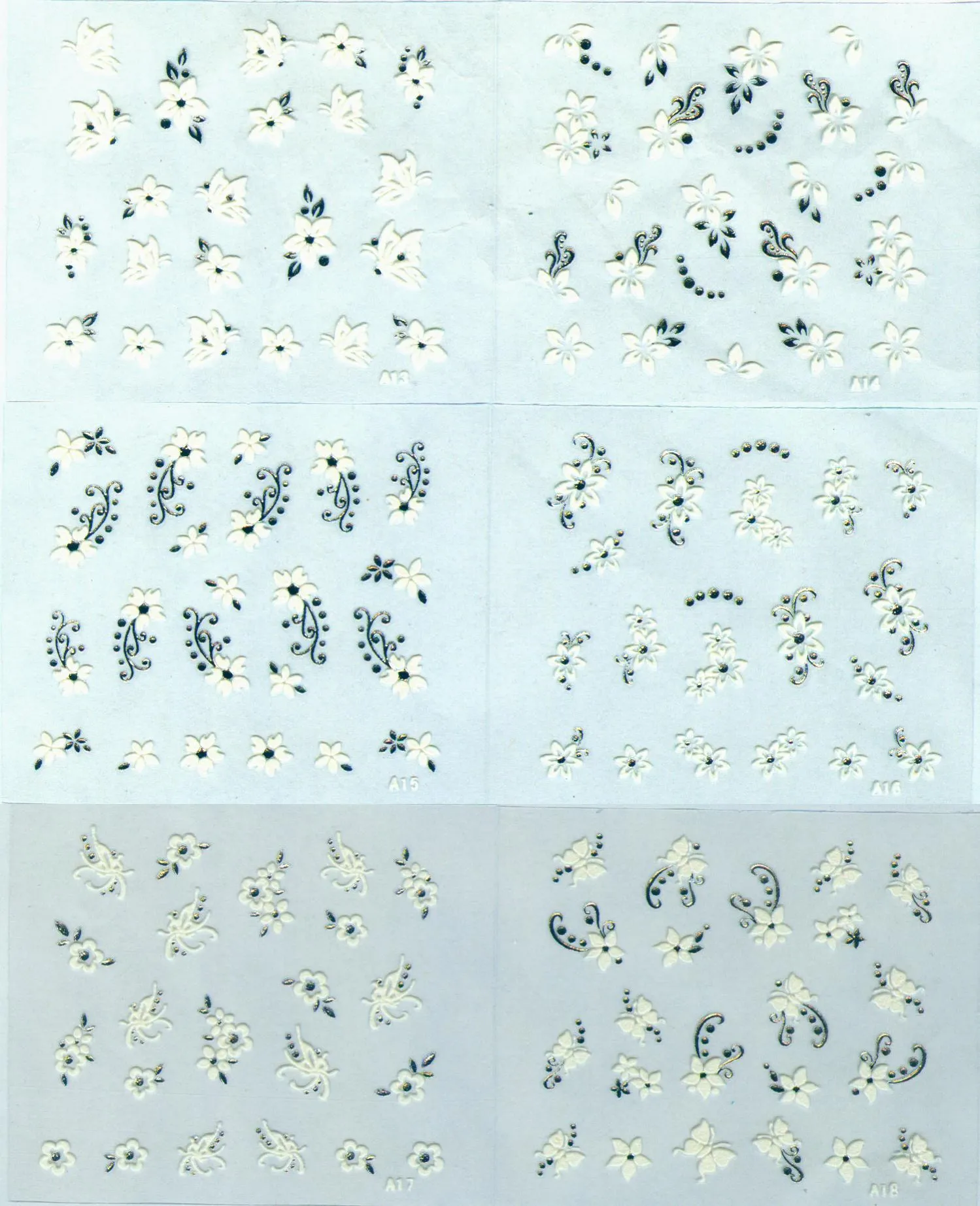 Nail Art Decorações 3D unha selo 30 conjuntos de prata + branco decoração de flores prego sticke A 01-30